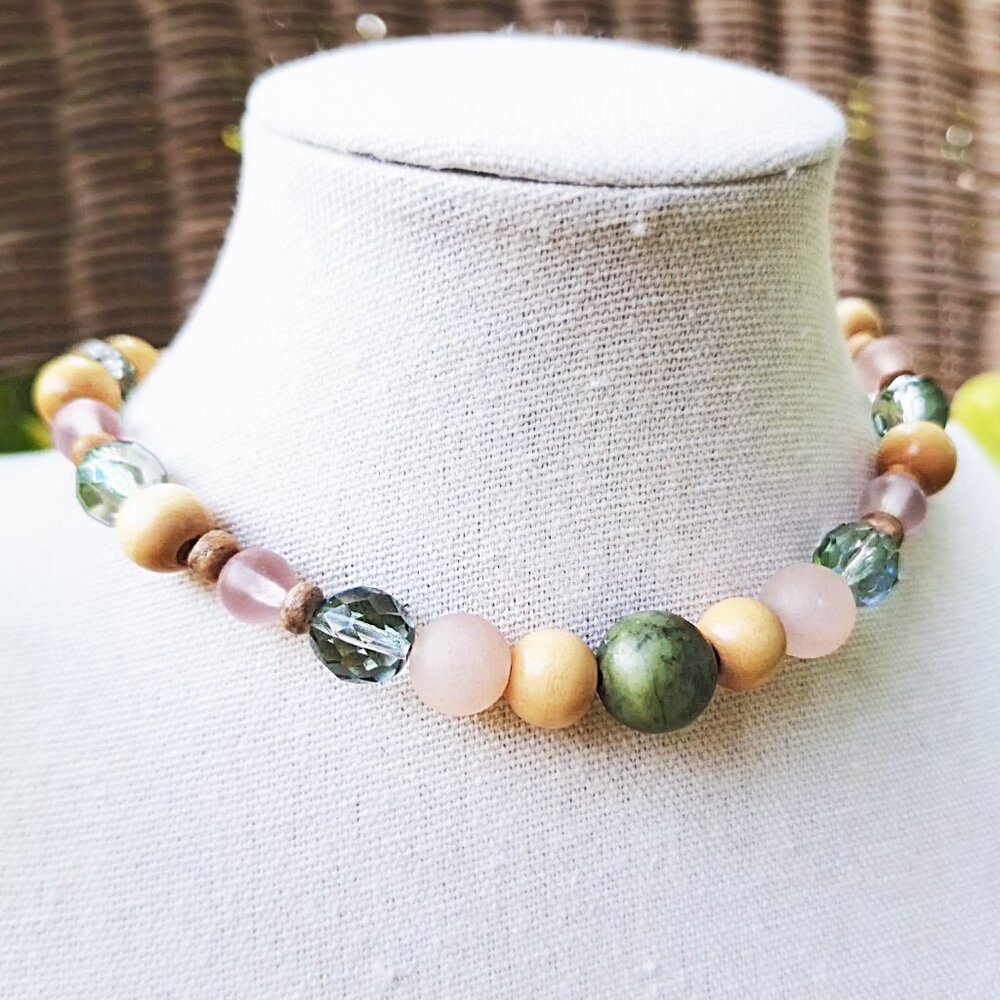 Unique Jade & Wood Bead Choker | Chunky Boho Necklace | Granola Girl Necklace